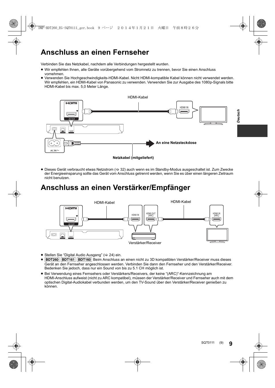 Anschluss an einen fernseher, Anschluss an einen verstärker/empfänger | Panasonic DMPBDT161EG User Manual | Page 9 / 108