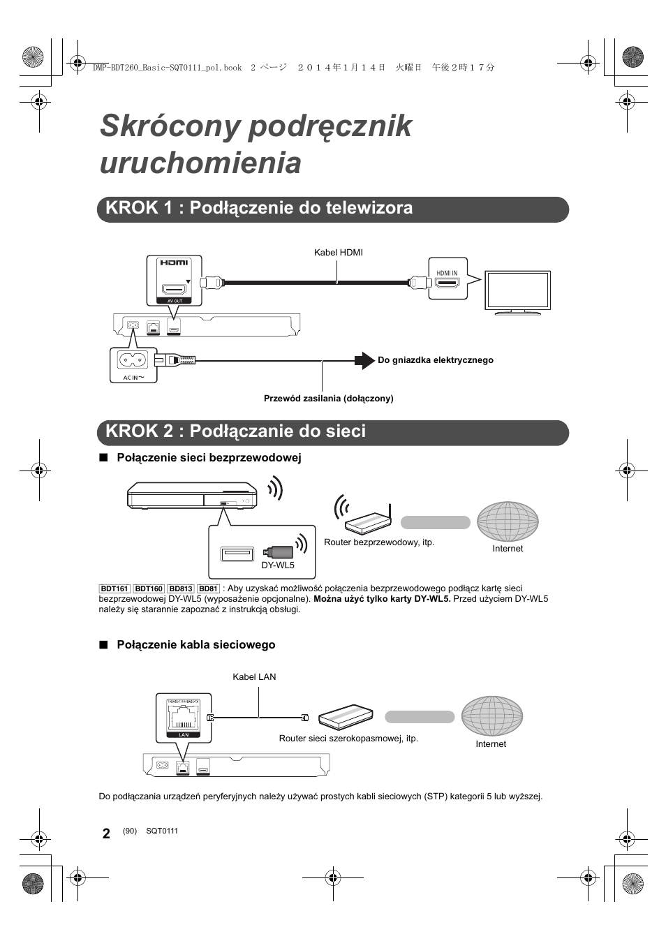 Skrócony podręcznik uruchomienia, Krok 1 : podłączenie do telewizora, Krok 2 : podłączanie do sieci | Panasonic DMPBDT161EG User Manual | Page 90 / 108