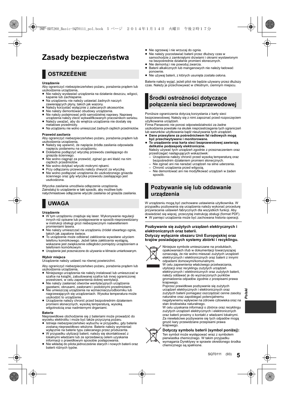 Zasady bezpieczeństwa, Ostrzeëenie uwaga | Panasonic DMPBDT161EG User Manual | Page 93 / 108