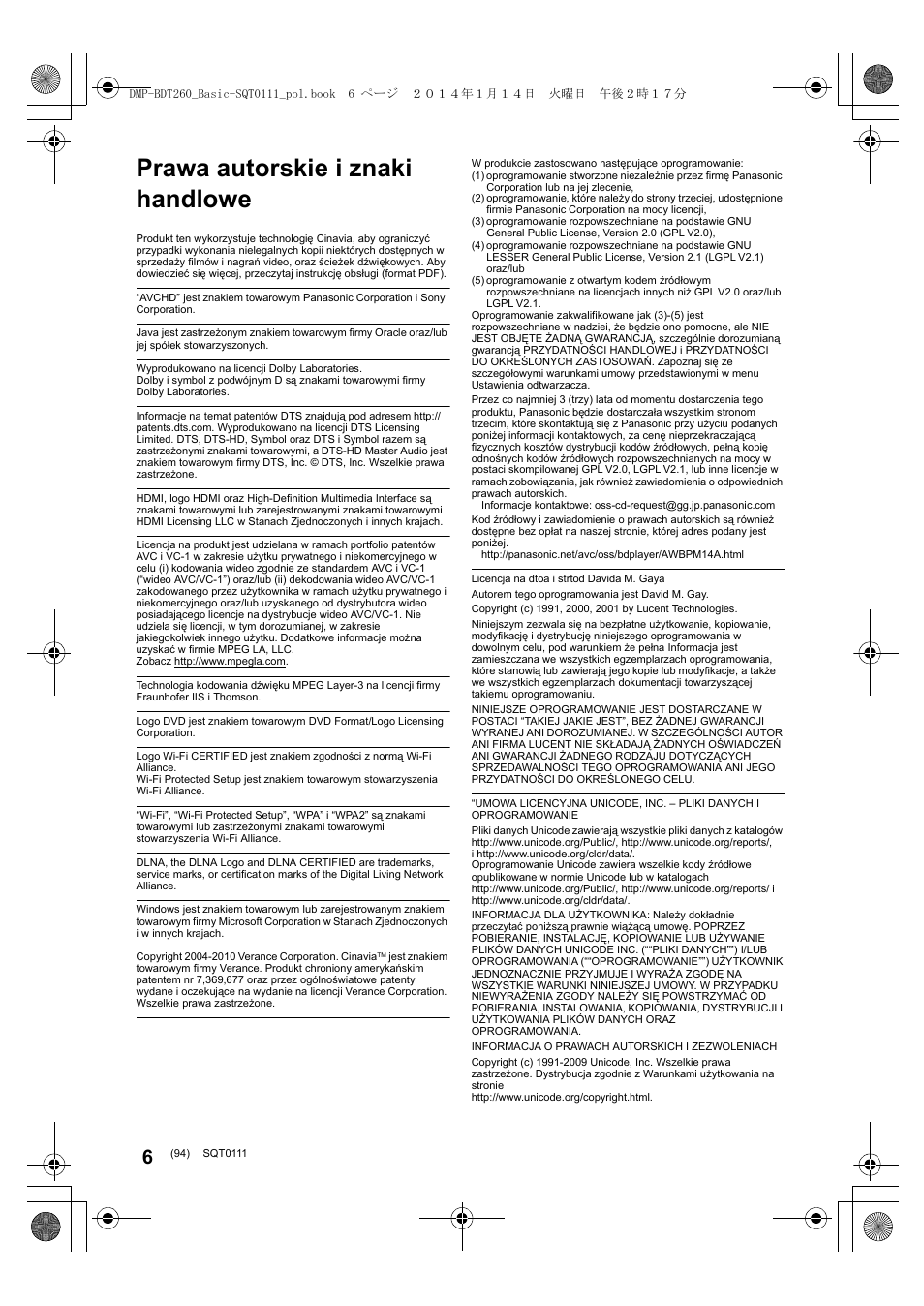 Prawa autorskie i znaki handlowe | Panasonic DMPBDT161EG User Manual | Page 94 / 108