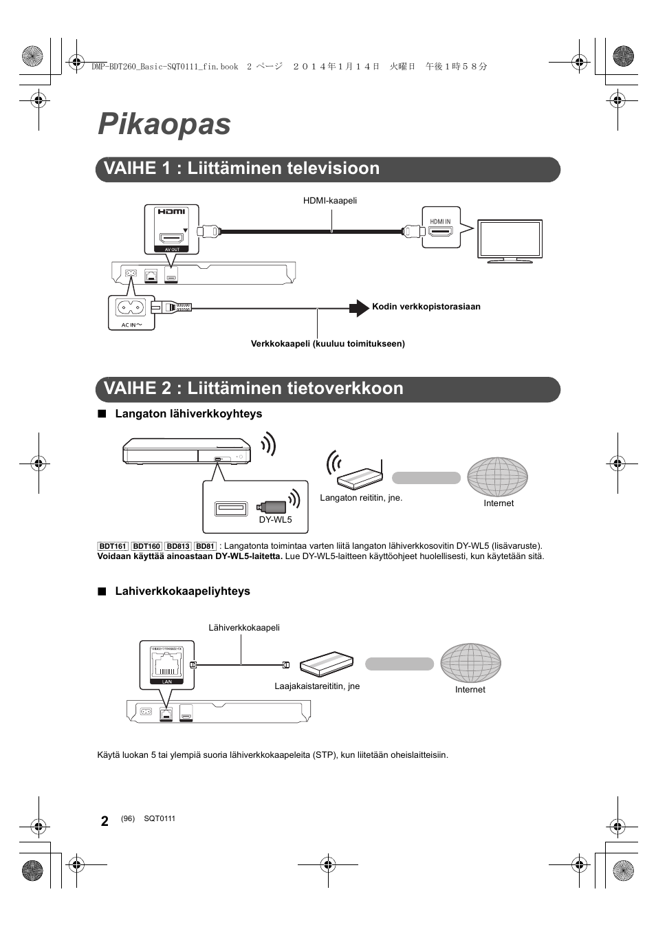 Pikaopas, Vaihe 1 : liittäminen televisioon, Vaihe 2 : liittäminen tietoverkkoon | Panasonic DMPBDT161EG User Manual | Page 96 / 108