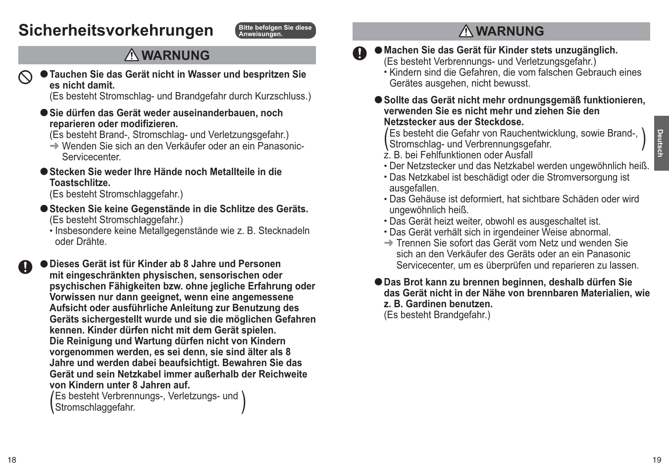 Sicherheitsvorkehrungen, Warnung | Panasonic NTDP1 User Manual | Page 10 / 38