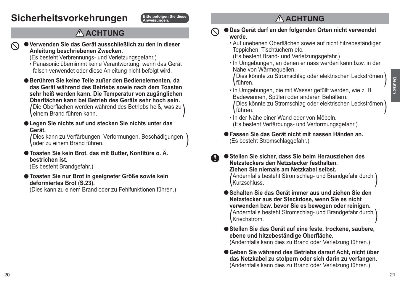 Sicherheitsvorkehrungen | Panasonic NTDP1 User Manual | Page 11 / 38