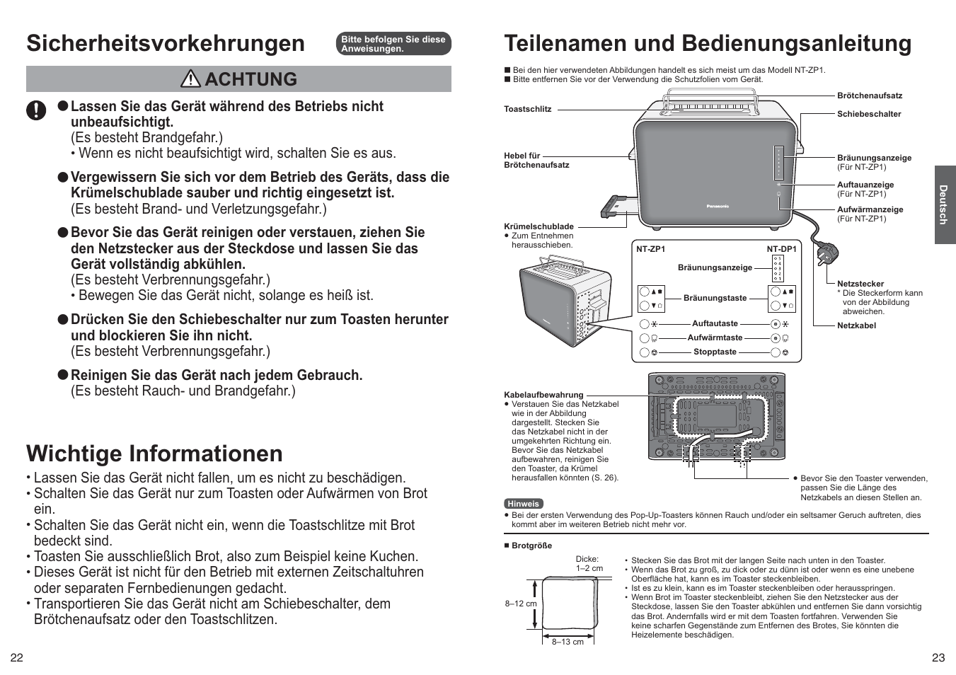 Wichtige informationen, Teilenamen und bedienungsanleitung, Sicherheitsvorkehrungen | Achtung, Lassen sie das gerät während des betriebs nicht, Es besteht rauch- und brandgefahr.), Brötchenaufsatz oder den toastschlitzen | Panasonic NTDP1 User Manual | Page 12 / 38