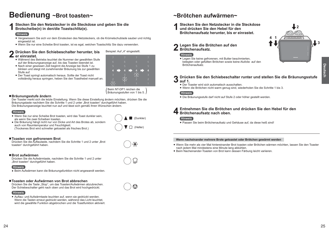 Bedienung, Brot toasten, Brötchen aufwärmen | Panasonic NTDP1 User Manual | Page 13 / 38