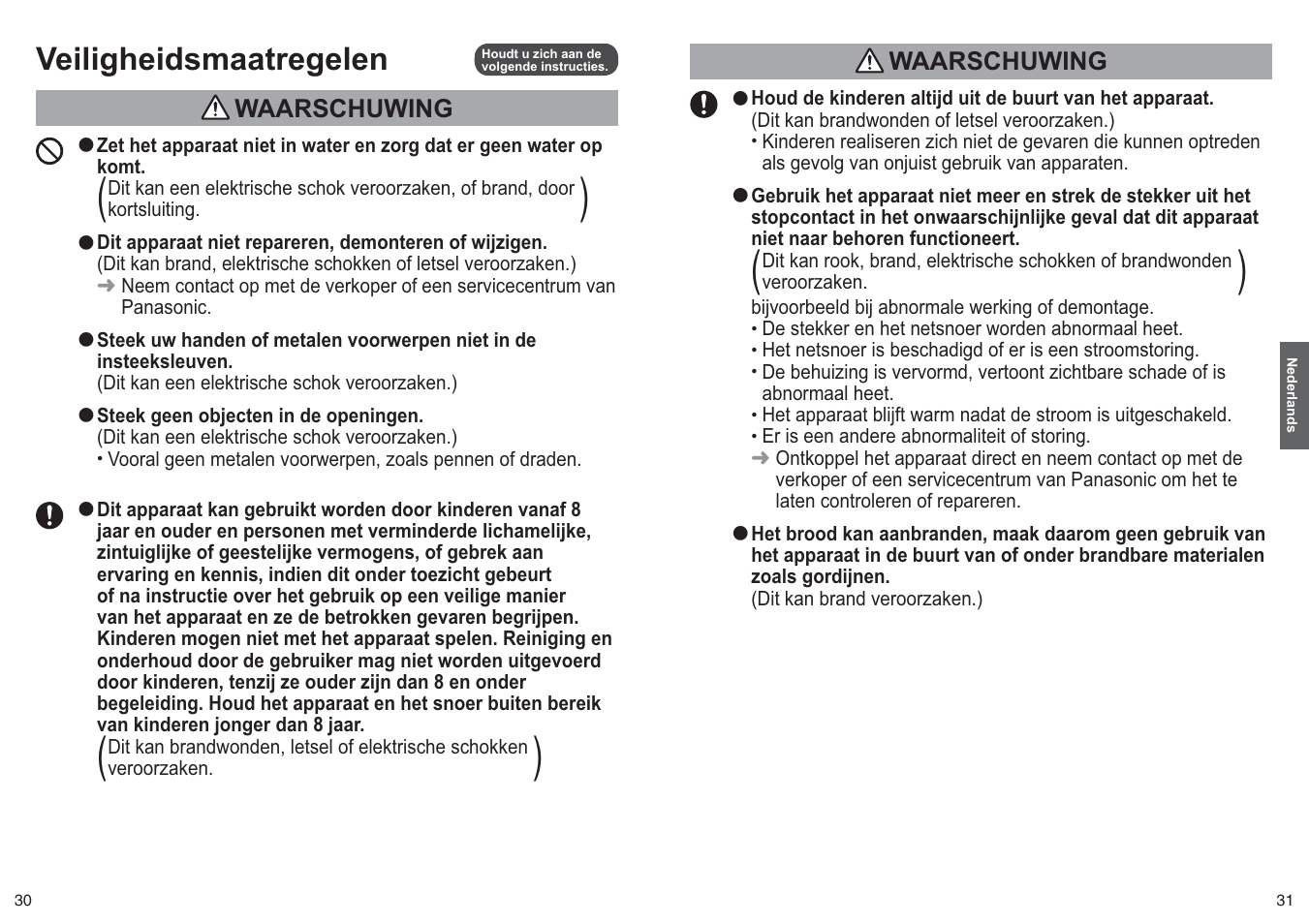 Veiligheidsmaatregelen, Waarschuwing | Panasonic NTDP1 User Manual | Page 16 / 38