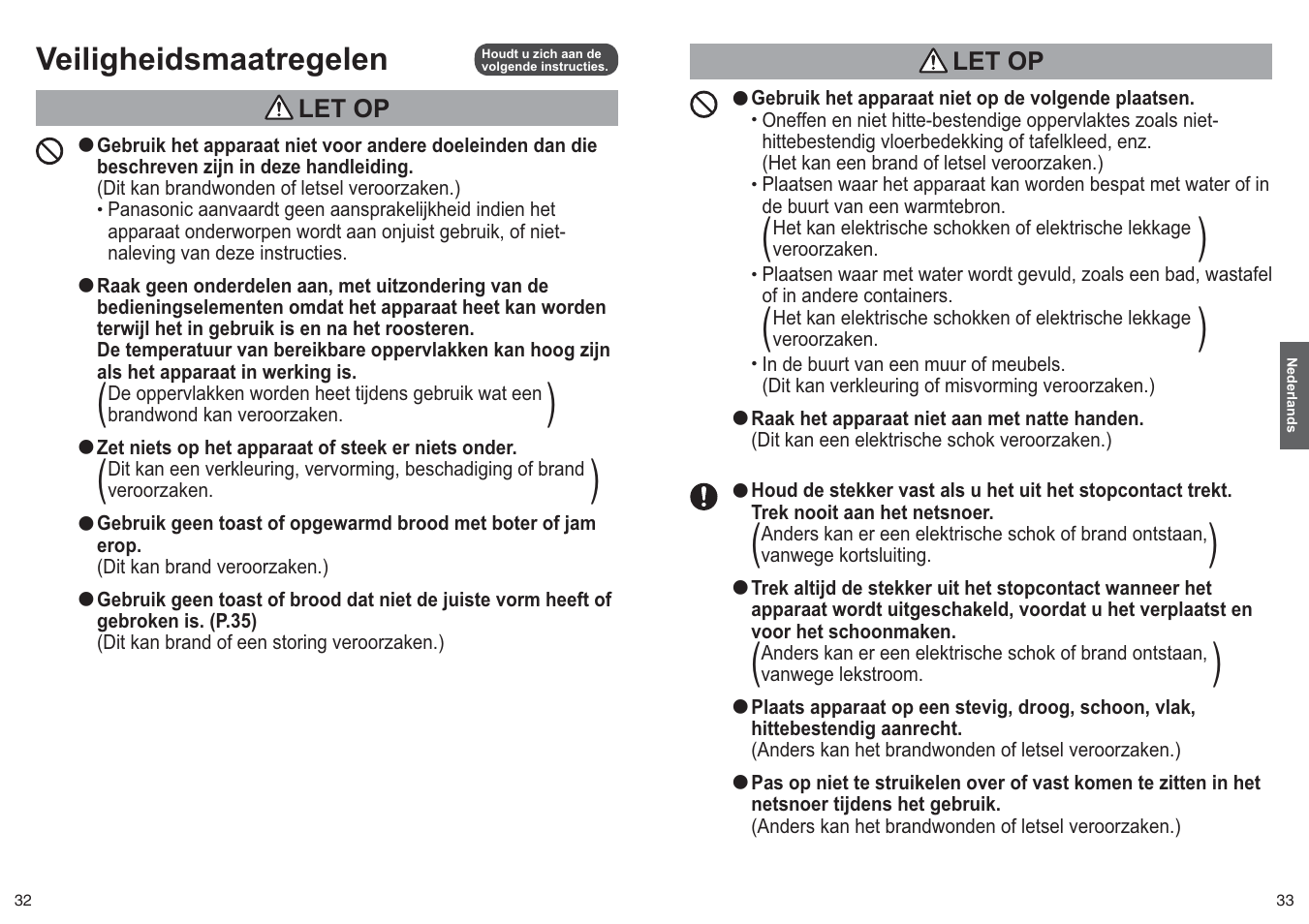 Veiligheidsmaatregelen | Panasonic NTDP1 User Manual | Page 17 / 38