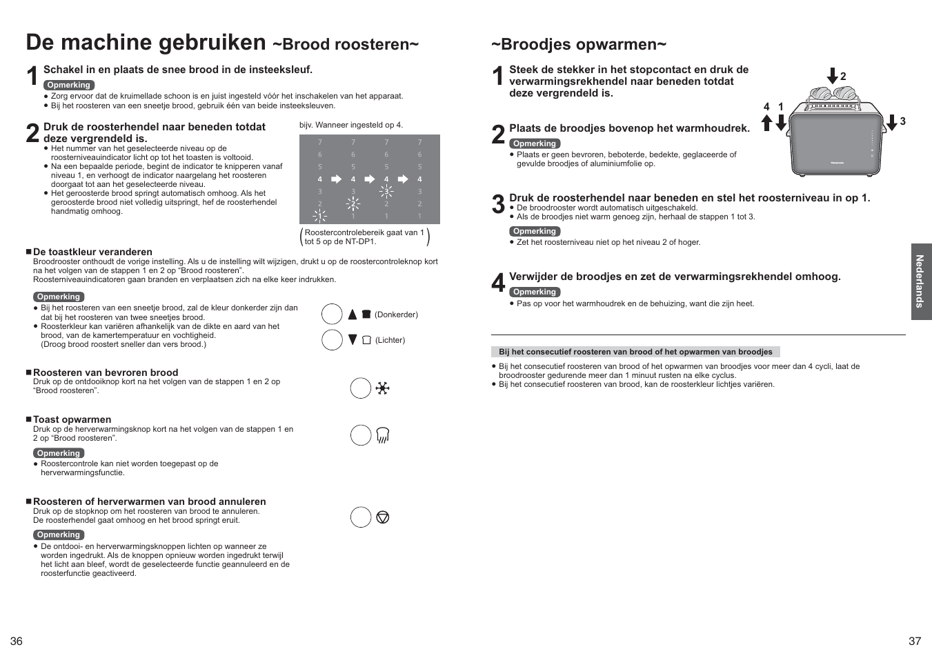 De machine gebruiken, Brood roosteren, Broodjes opwarmen | Panasonic NTDP1 User Manual | Page 19 / 38