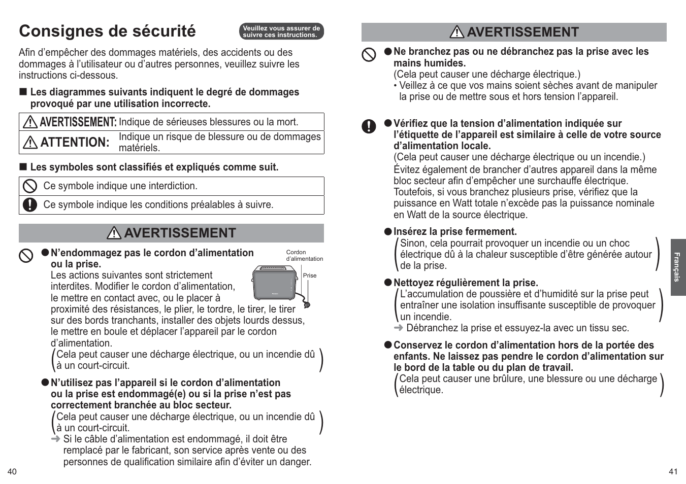 Consignes de sécurité | Panasonic NTDP1 User Manual | Page 21 / 38