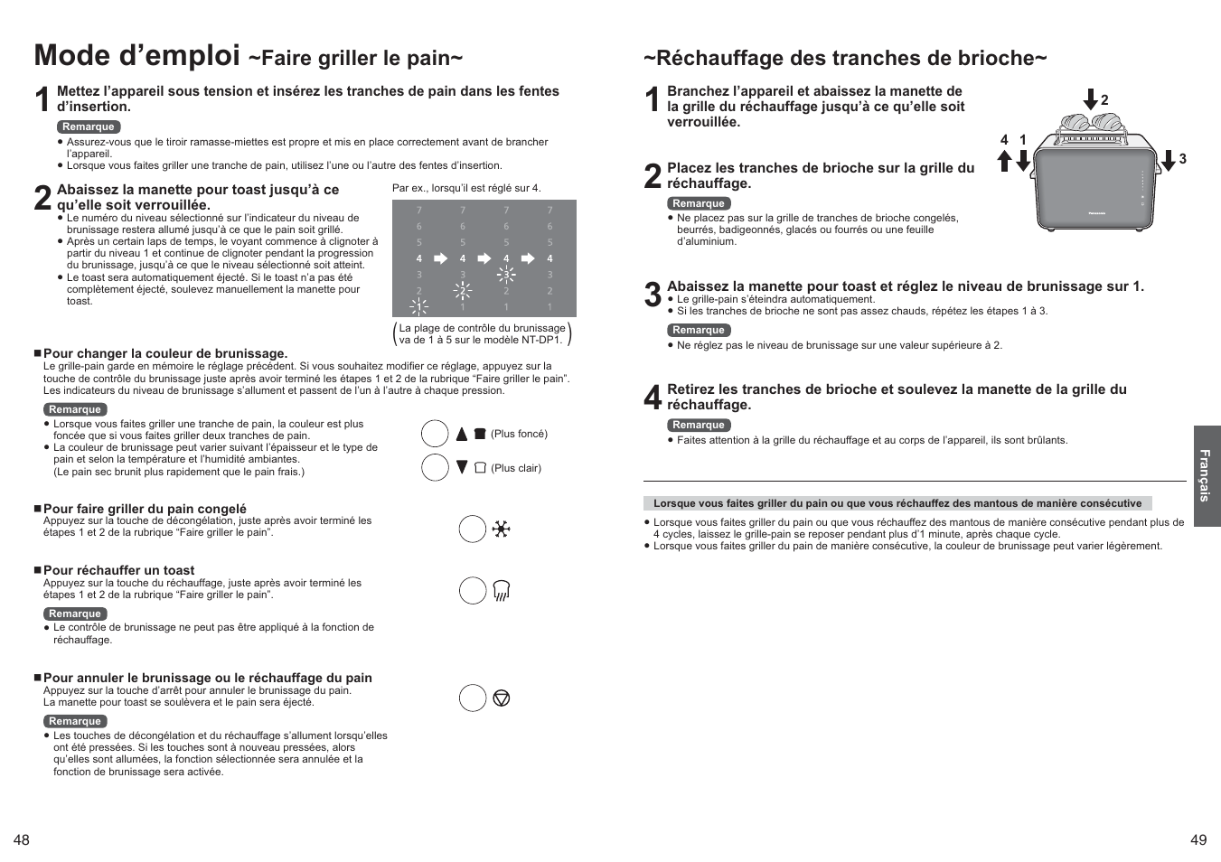Mode d’emploi, Faire griller le pain, Réchauffage des tranches de brioche | Panasonic NTDP1 User Manual | Page 25 / 38