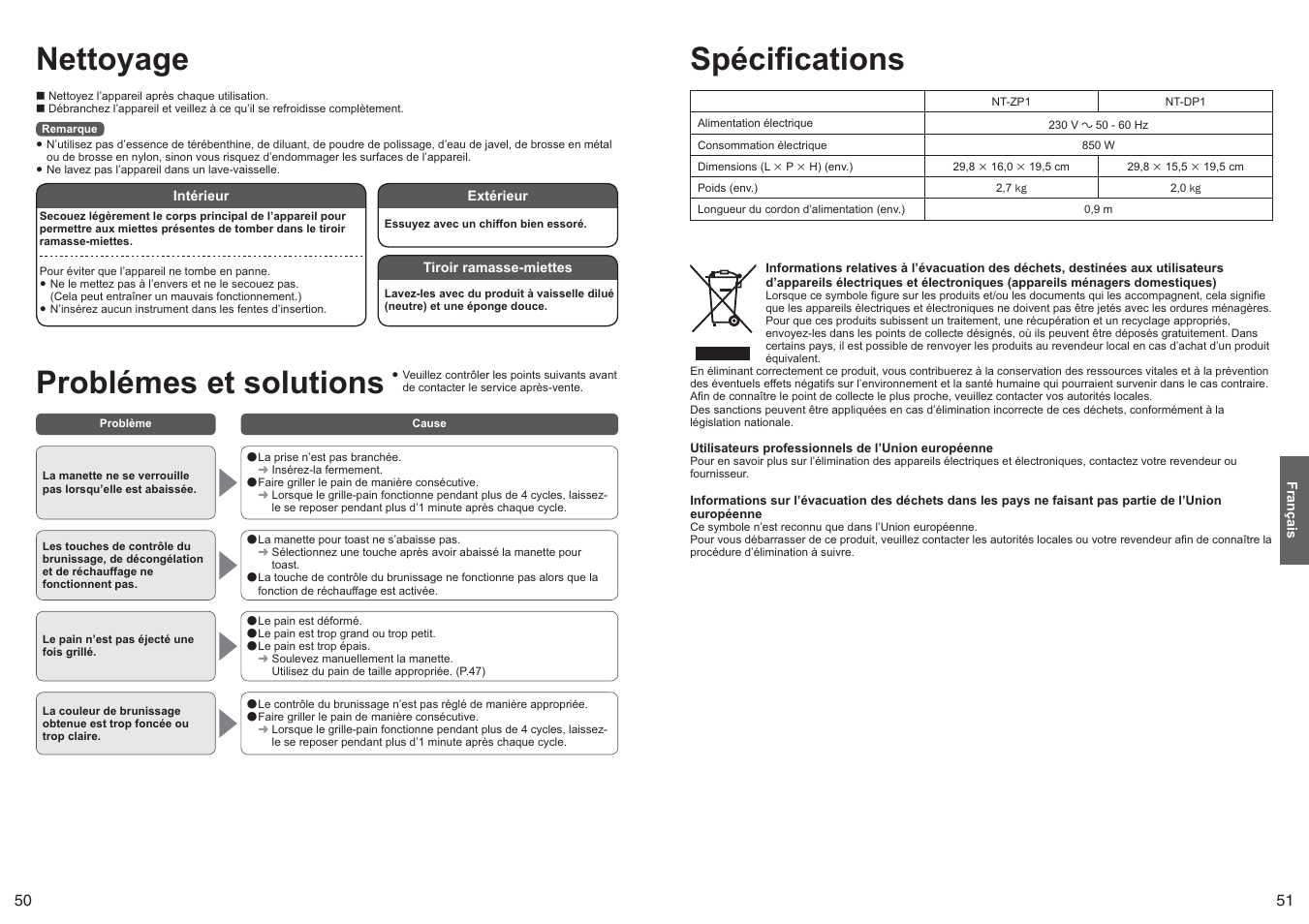 Nettoyage, Problémes et solutions, Spécifications | Panasonic NTDP1 User Manual | Page 26 / 38