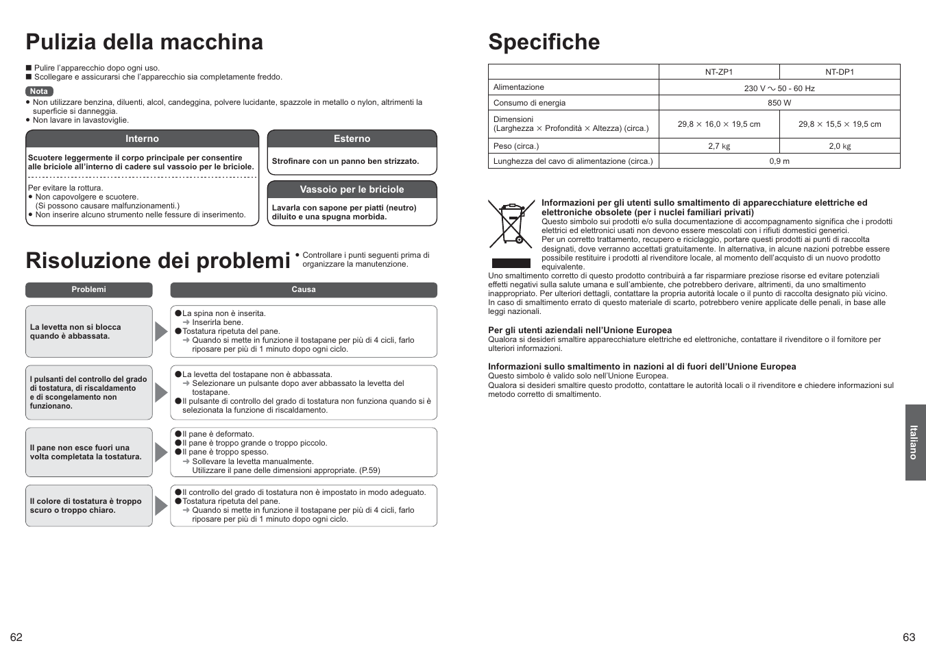 Pulizia della macchina, Risoluzione dei problemi, Specifiche | Panasonic NTDP1 User Manual | Page 32 / 38