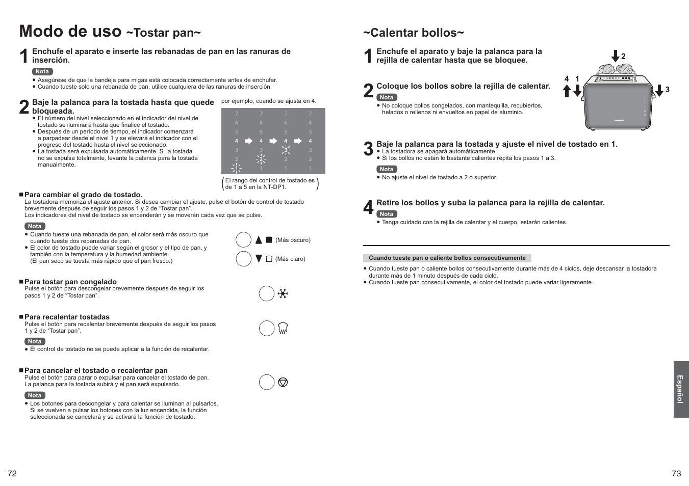 Modo de uso, Tostar pan, Calentar bollos | Panasonic NTDP1 User Manual | Page 37 / 38