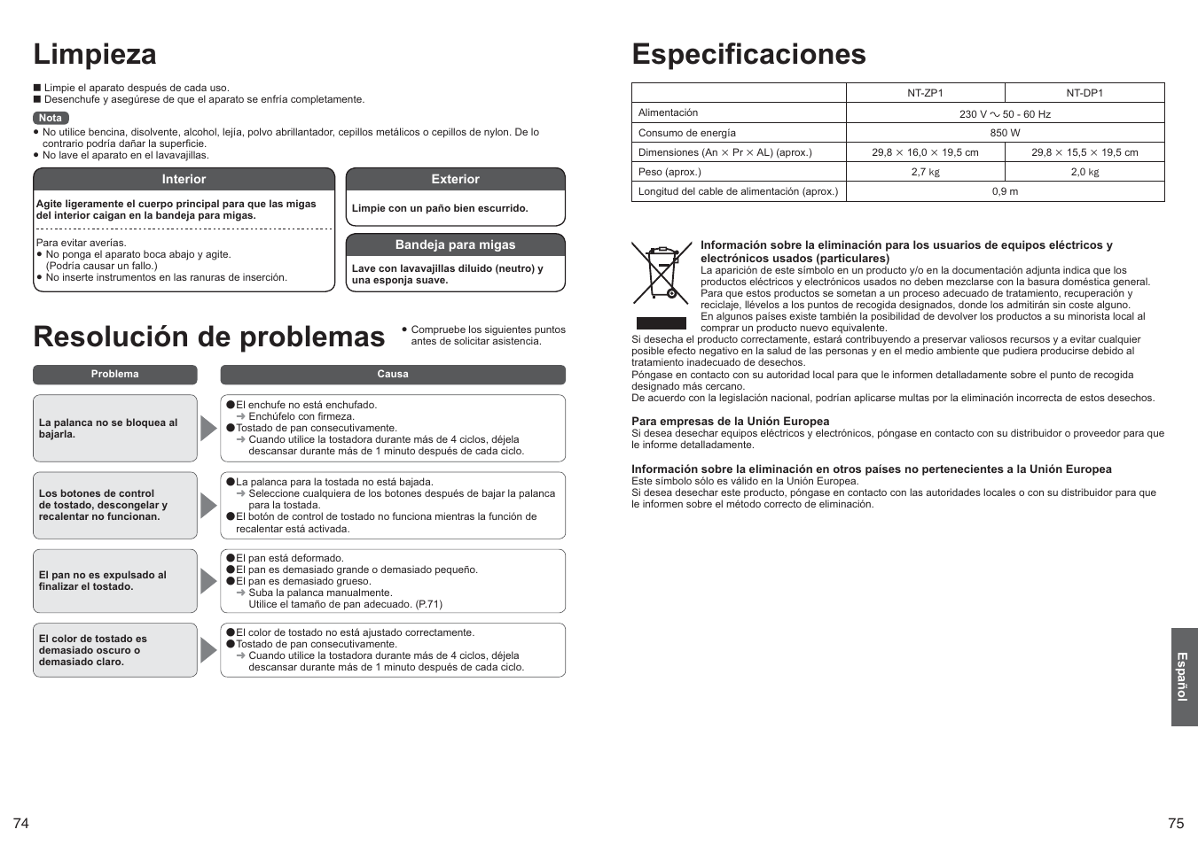 Limpieza, Resolución de problemas, Especificaciones | Panasonic NTDP1 User Manual | Page 38 / 38