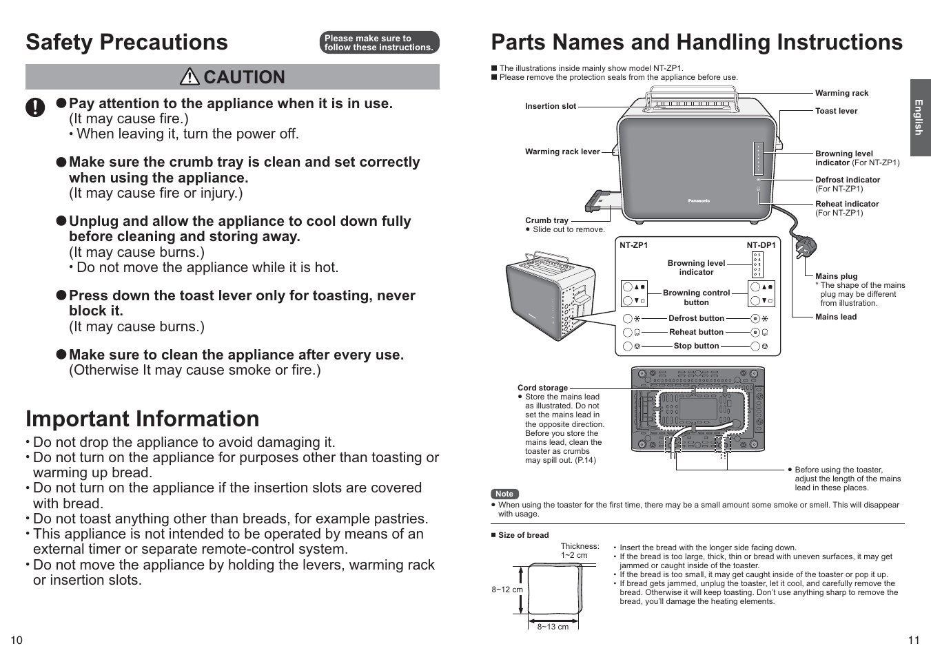 Parts names and handling instructions, Safety precautions, Important information | Caution, Pay attention to the appliance when it is in use, Otherwise it may cause smoke or fire.), Do not drop the appliance to avoid damaging it, Or insertion slots | Panasonic NTDP1 User Manual | Page 6 / 38