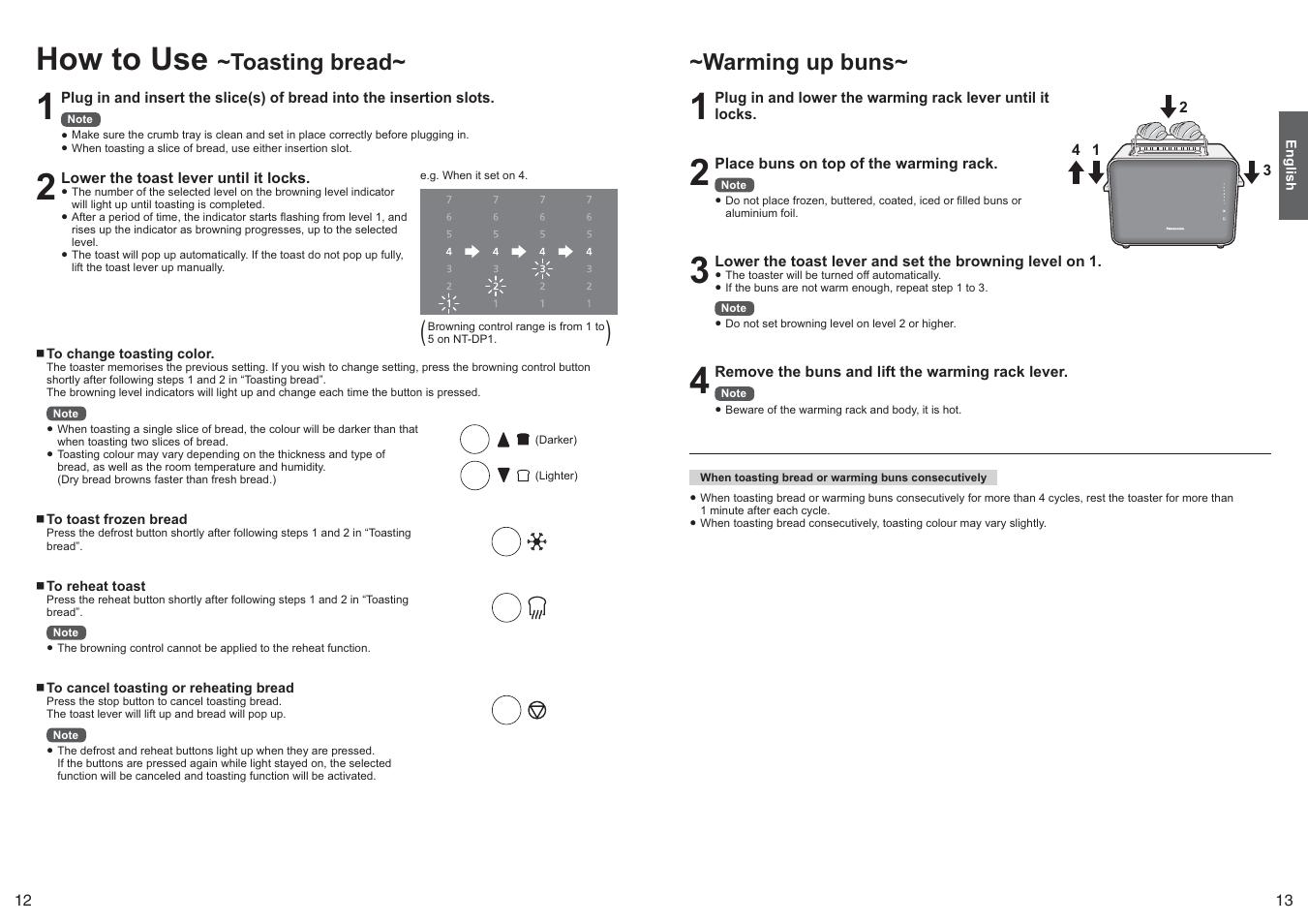 How to use, Toasting bread, Warming up buns | Panasonic NTDP1 User Manual | Page 7 / 38