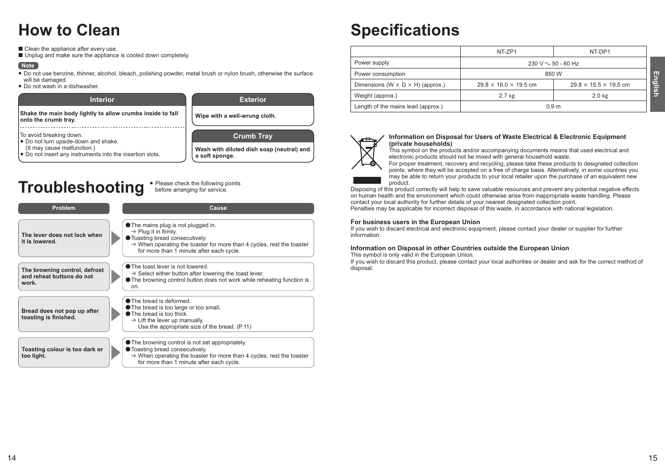 How to clean, Troubleshooting, Specifications | Panasonic NTDP1 User Manual | Page 8 / 38