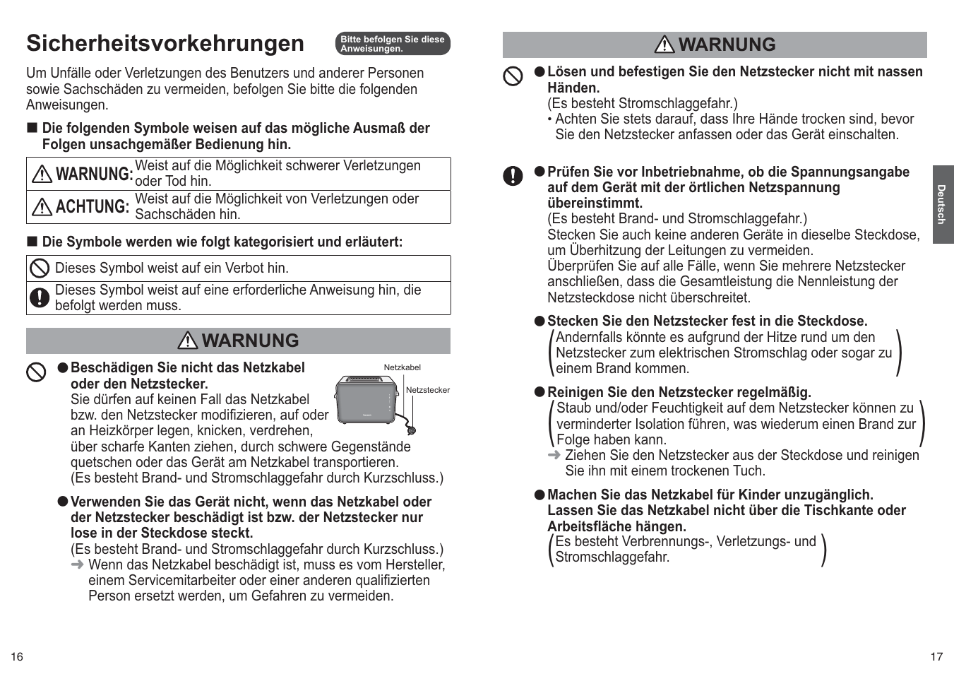 Sicherheitsvorkehrungen | Panasonic NTDP1 User Manual | Page 9 / 38