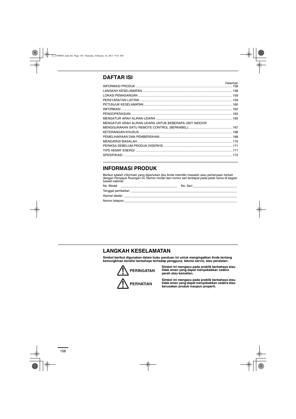 Daftar isi, Informasi produk, Langkah keselamatan | Panasonic S22MK2E5 User Manual | Page 158 / 180