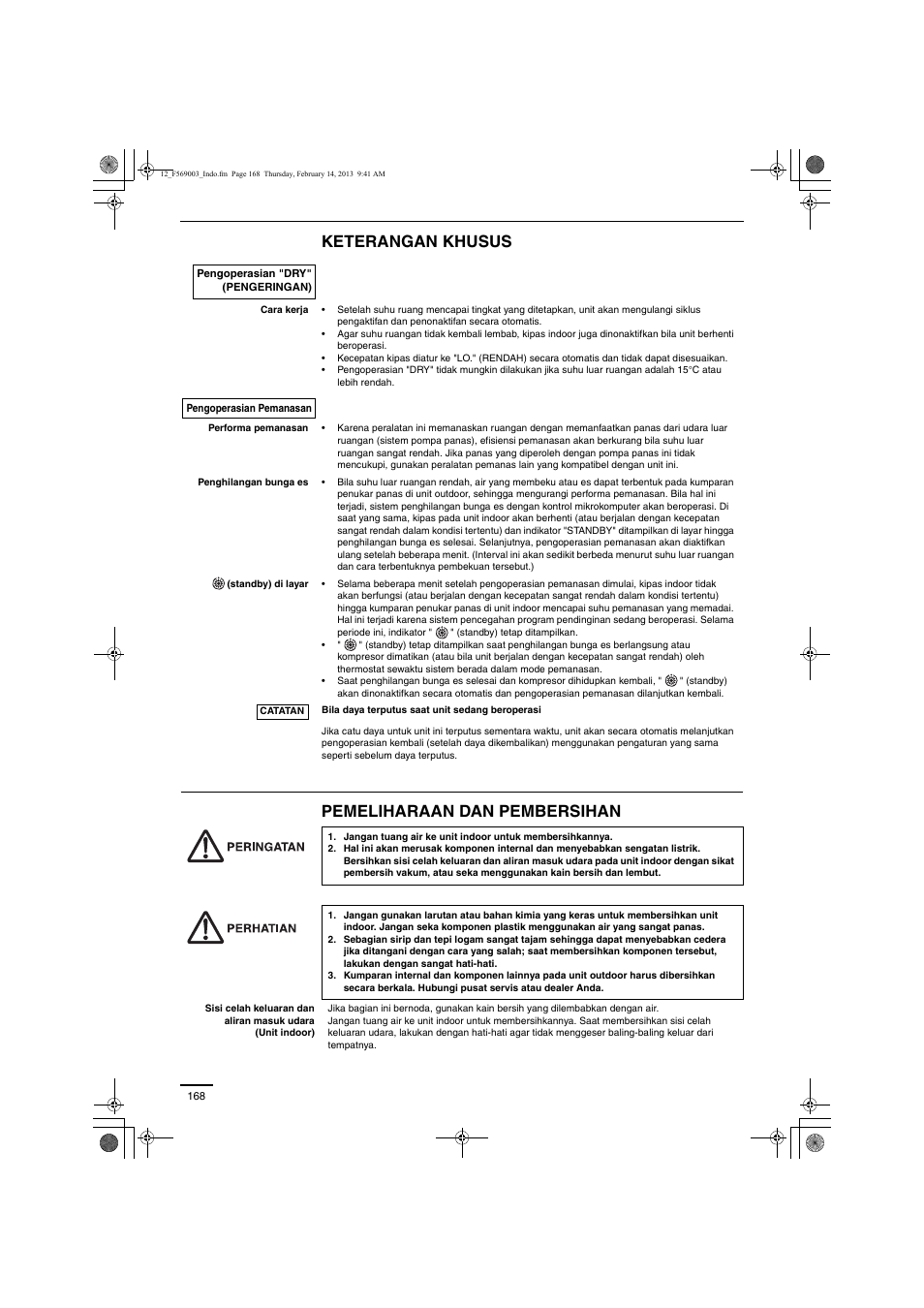 Keterangan khusus pemeliharaan dan pembersihan | Panasonic S22MK2E5 User Manual | Page 168 / 180