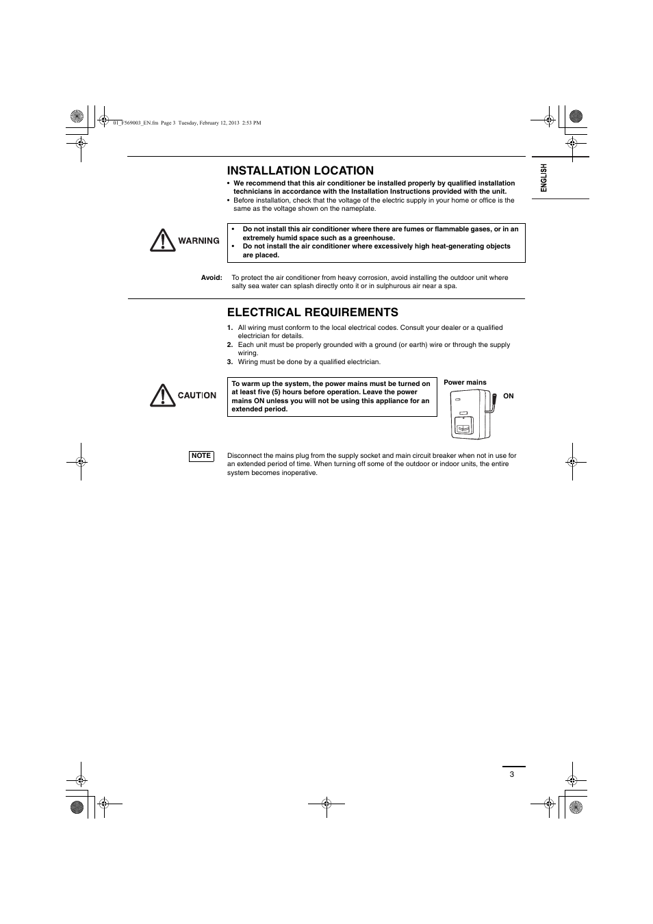 Installation location, Electrical requirements | Panasonic S22MK2E5 User Manual | Page 3 / 180