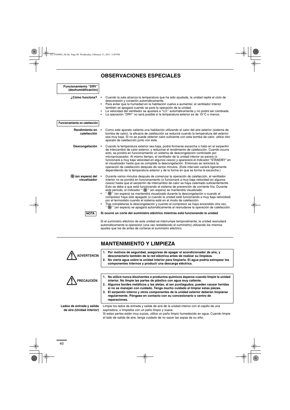 Observaciones especiales mantenimiento y limpieza | Panasonic S22MK2E5 User Manual | Page 40 / 180