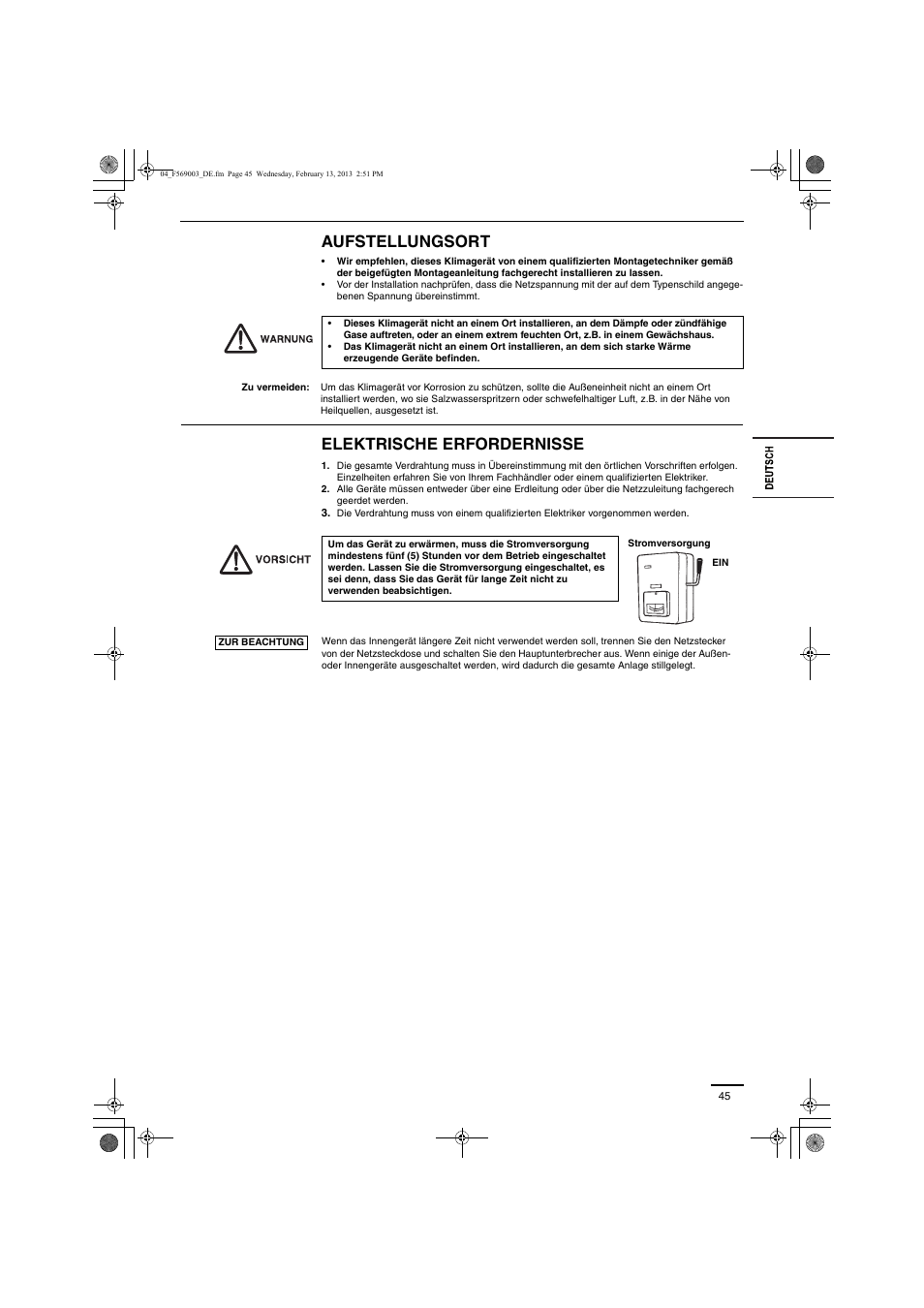 Aufstellungsort, Elektrische erfordernisse | Panasonic S22MK2E5 User Manual | Page 45 / 180