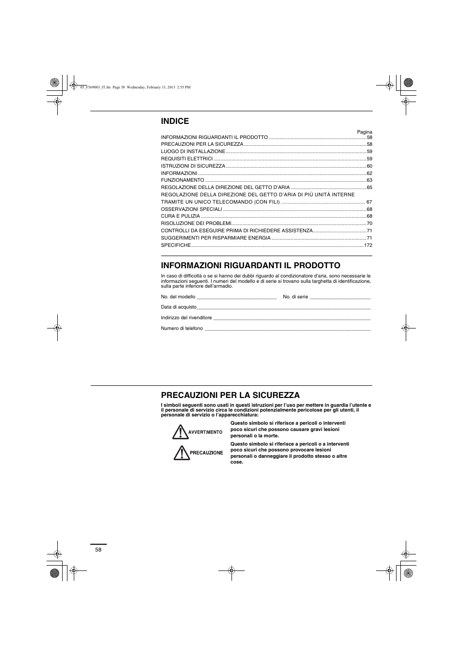Indice, Informazioni riguardanti il prodotto, Precauzioni per la sicurezza | Panasonic S22MK2E5 User Manual | Page 58 / 180