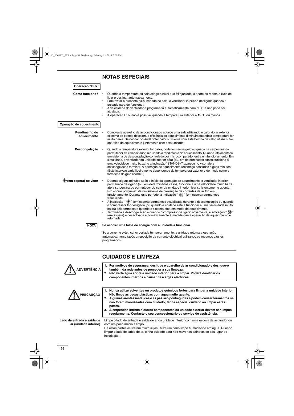 Notas especiais cuidados e limpeza | Panasonic S22MK2E5 User Manual | Page 96 / 180