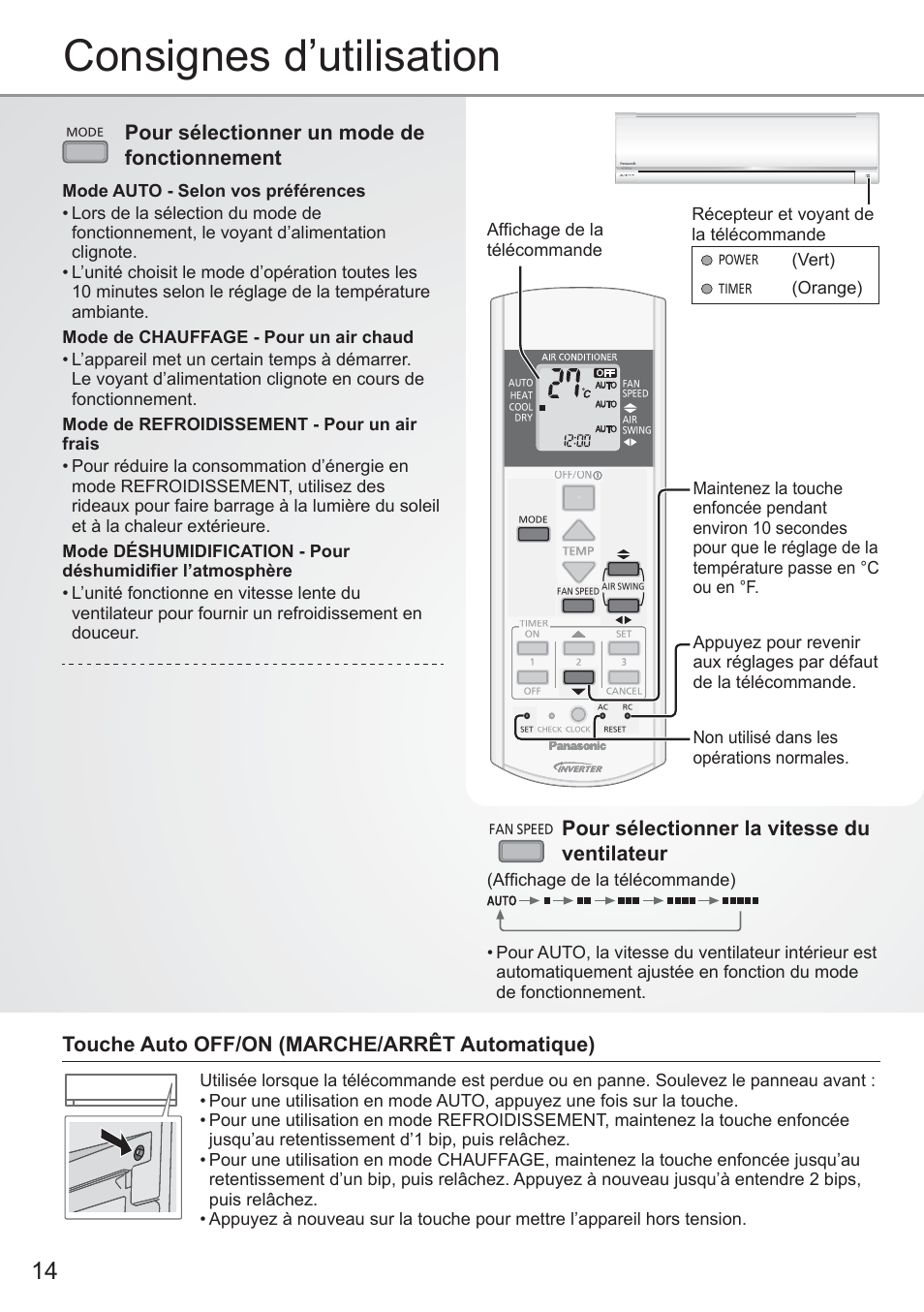 Consignes d’utilisation, Pour sélectionner la vitesse du ventilateur, Pour sélectionner un mode de fonctionnement | Touche auto off/on (marche/arrêt automatique), Affi chage de la télécommande, Vert), Orange) | Panasonic CURE18QKE User Manual | Page 14 / 52