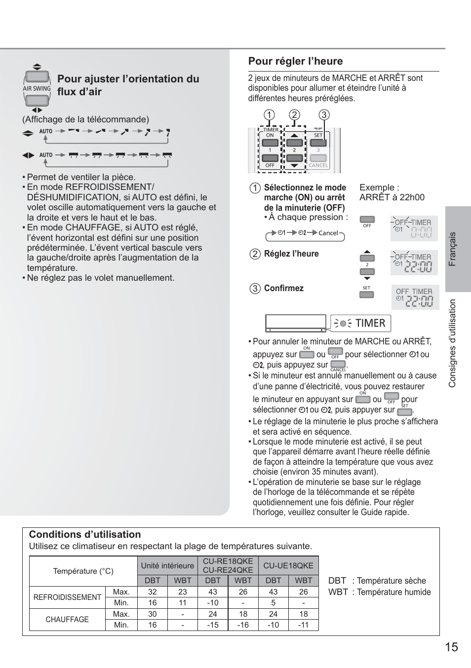 Pour ajuster l’orientation du fl ux d’air, Pour régler l’heure, Conditions d’utilisation | Timer | Panasonic CURE18QKE User Manual | Page 15 / 52