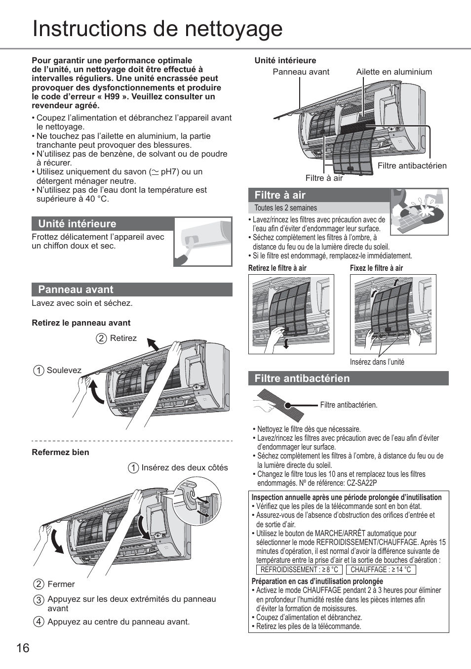 Instructions de nettoyage, Unité intérieure, Panneau avant | Filtre à air, Filtre antibactérien | Panasonic CURE18QKE User Manual | Page 16 / 52