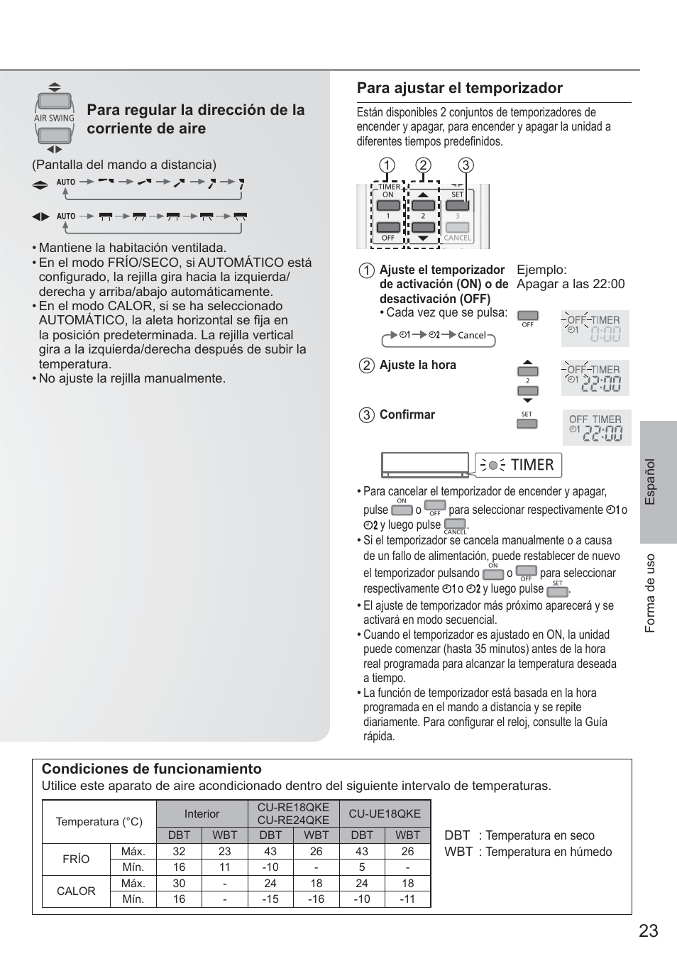Para regular la dirección de la corriente de aire, Para ajustar el temporizador, Condiciones de funcionamiento | Timer | Panasonic CURE18QKE User Manual | Page 23 / 52