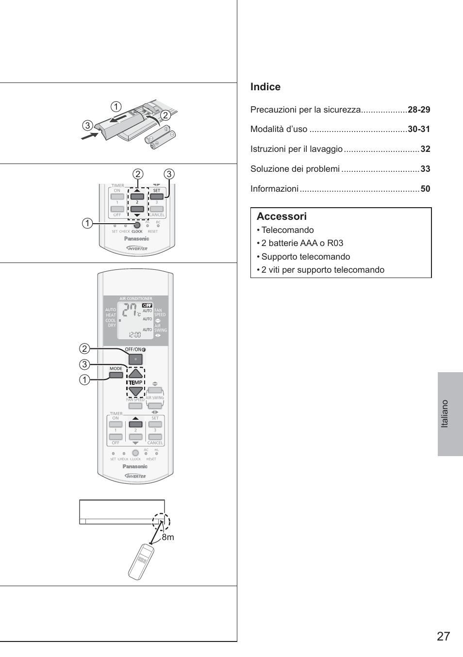 Indice, Accessori, 12 3 8m | Panasonic CURE18QKE User Manual | Page 27 / 52