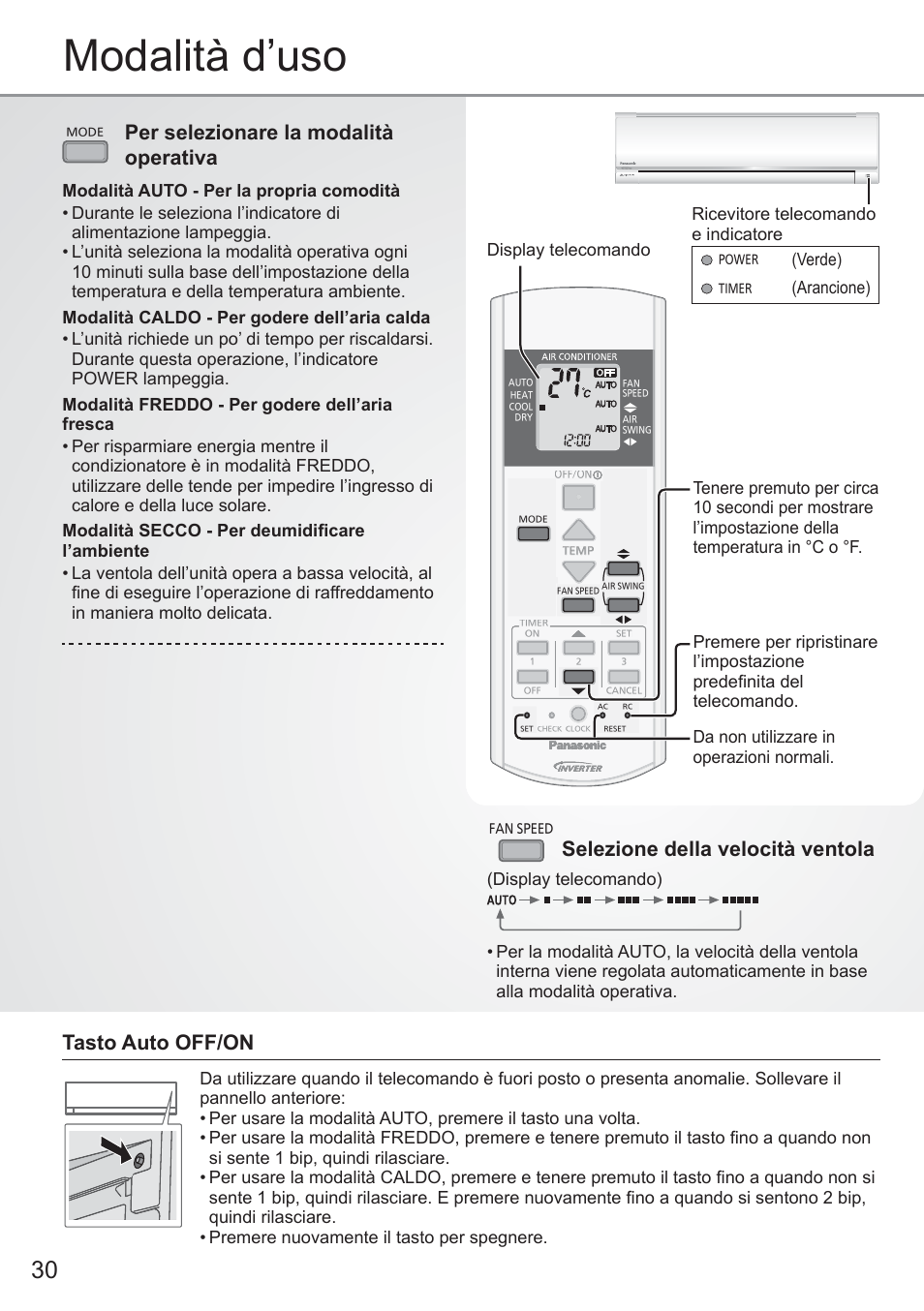Modalità d’uso, Selezione della velocità ventola, Per selezionare la modalità operativa | Tasto auto off/on, Display telecomando, Verde), Arancione) | Panasonic CURE18QKE User Manual | Page 30 / 52