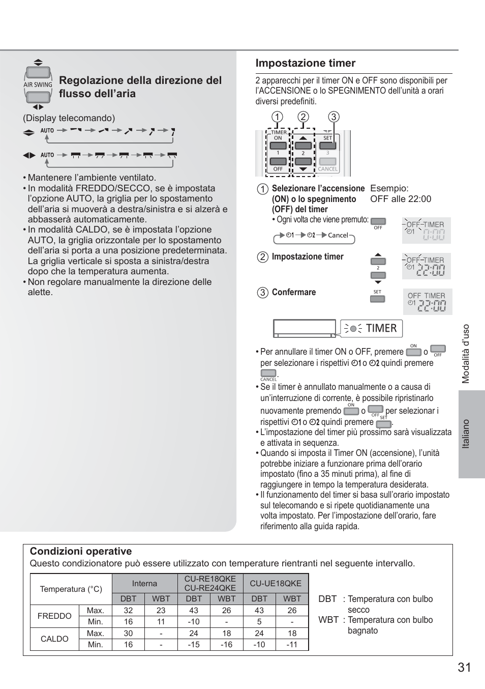 Regolazione della direzione del fl usso dell’aria, Impostazione timer, Condizioni operative | Timer | Panasonic CURE18QKE User Manual | Page 31 / 52