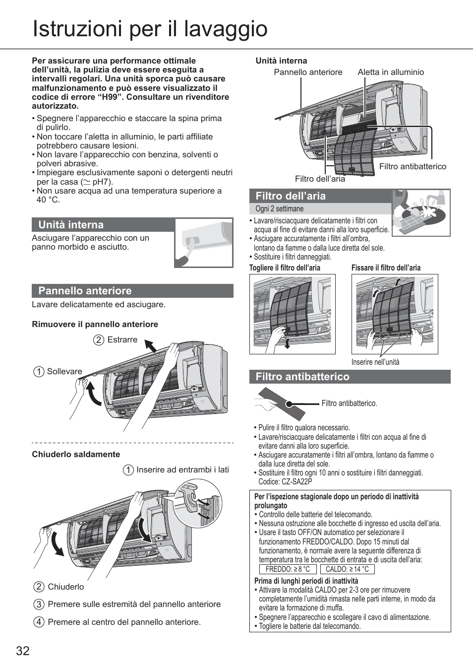 Istruzioni per il lavaggio, Unità interna, Pannello anteriore | Filtro dell’aria, Filtro antibatterico | Panasonic CURE18QKE User Manual | Page 32 / 52