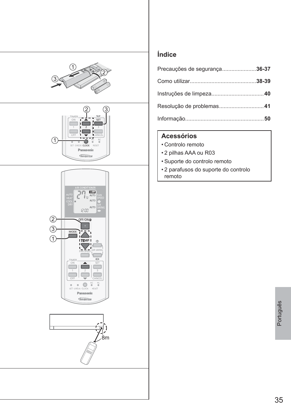 Índice, Acessórios, 12 3 8m | Panasonic CURE18QKE User Manual | Page 35 / 52