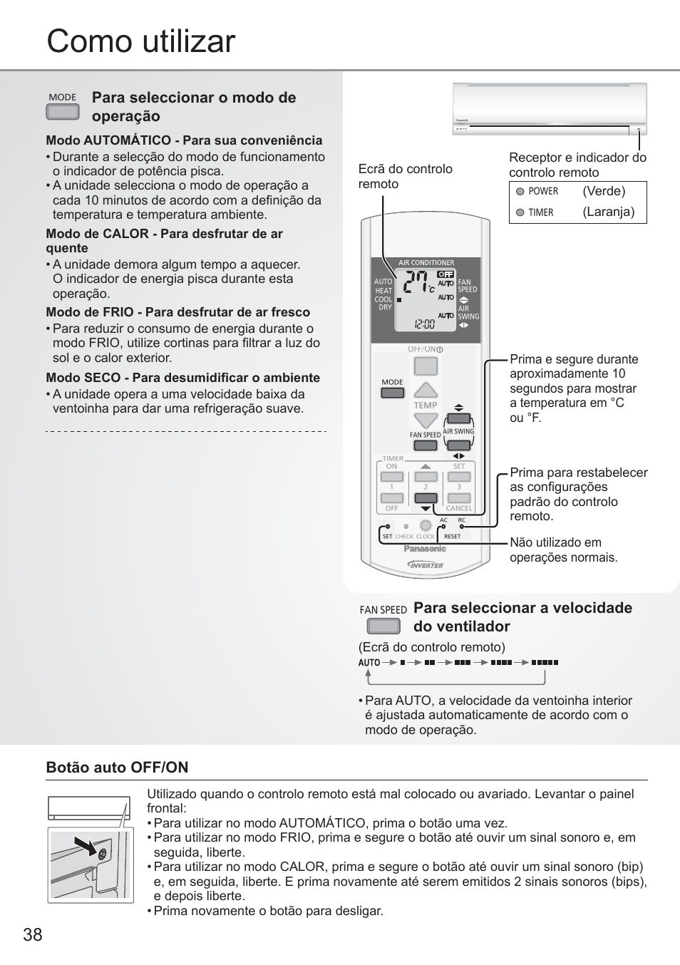 Como utilizar, Para seleccionar a velocidade do ventilador, Para seleccionar o modo de operação | Botão auto off/on, Ecrã do controlo remoto, Verde), Laranja) | Panasonic CURE18QKE User Manual | Page 38 / 52