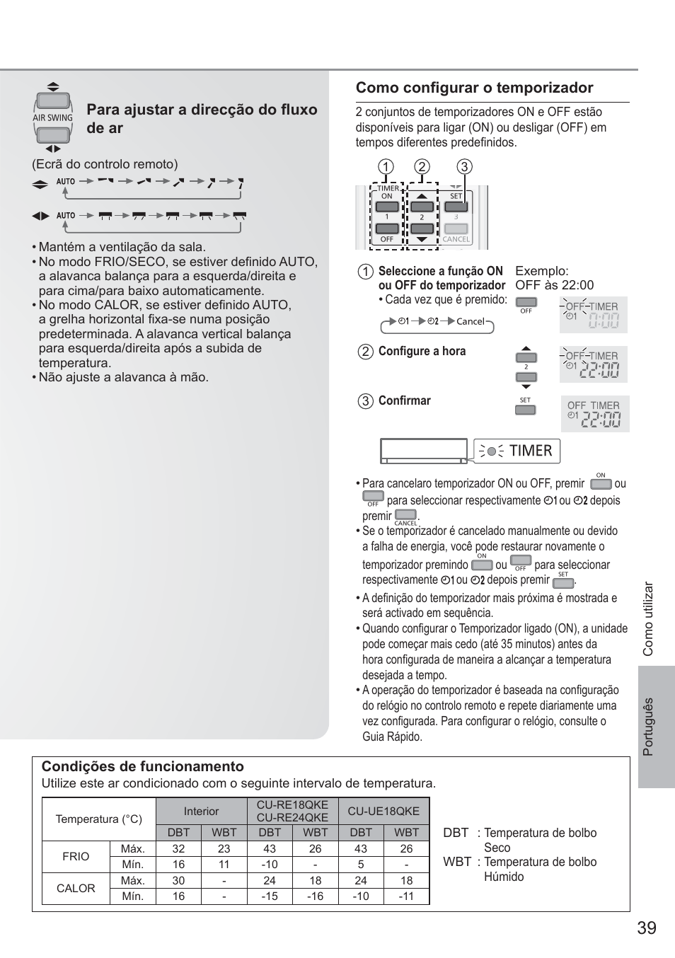 Para ajustar a direcção do fl uxo de ar, Como confi gurar o temporizador, Condições de funcionamento | Timer | Panasonic CURE18QKE User Manual | Page 39 / 52