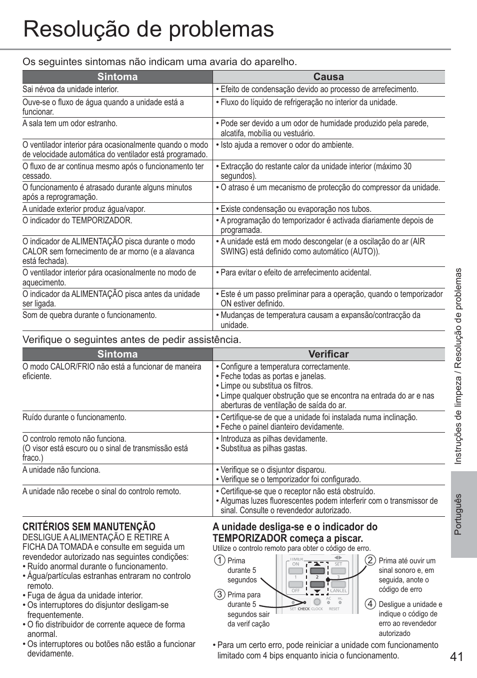 Resolução de problemas, Critérios sem manutenção | Panasonic CURE18QKE User Manual | Page 41 / 52