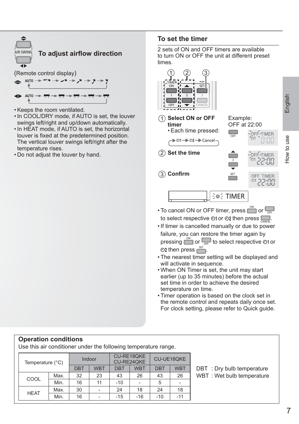 Operation conditions, Timer | Panasonic CURE18QKE User Manual | Page 7 / 52