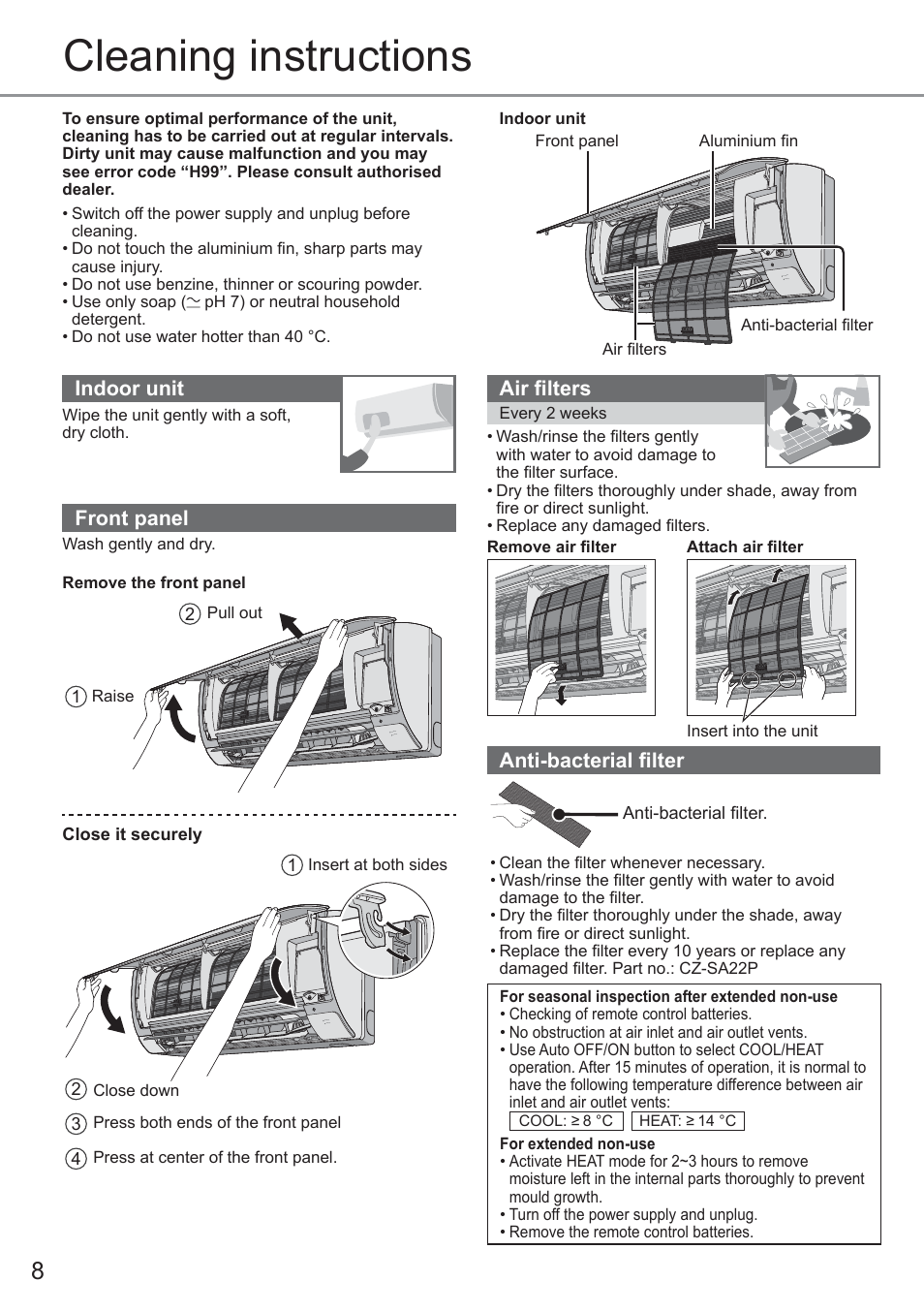 Cleaning instructions, Indoor unit, Front panel | Air fi lters, Anti-bacterial fi lter | Panasonic CURE18QKE User Manual | Page 8 / 52
