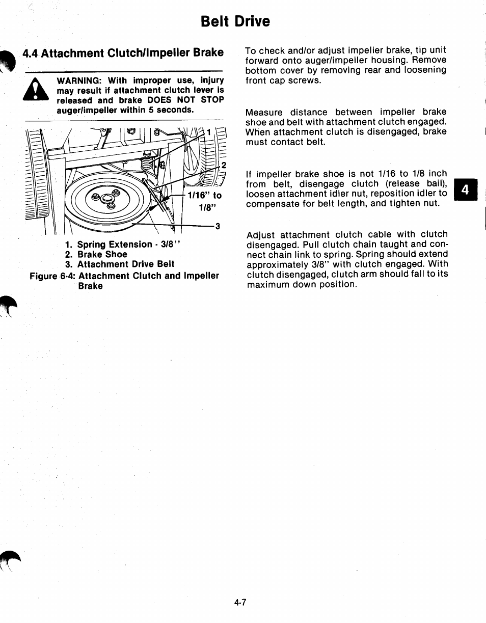 4 attachment clutch/impeller brake, 4 attachment clutch/lmpeller brake -7, Belt drive | Ariens 932 Series User Manual | Page 26 / 61