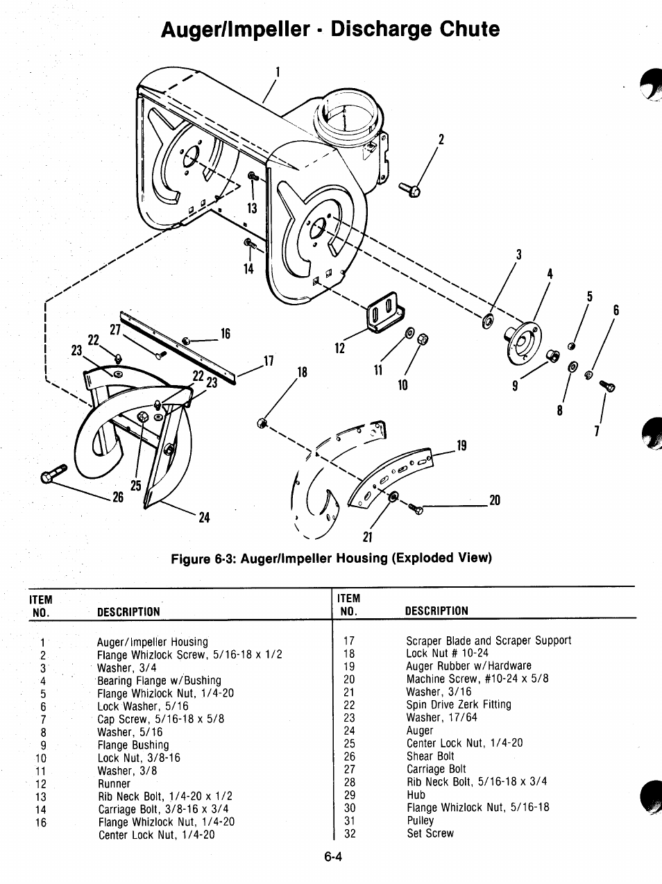 Auger/impeller • discharge chute, Figure 6-3: auger/impeller housing (exploded view) | Ariens 932 Series User Manual | Page 37 / 61