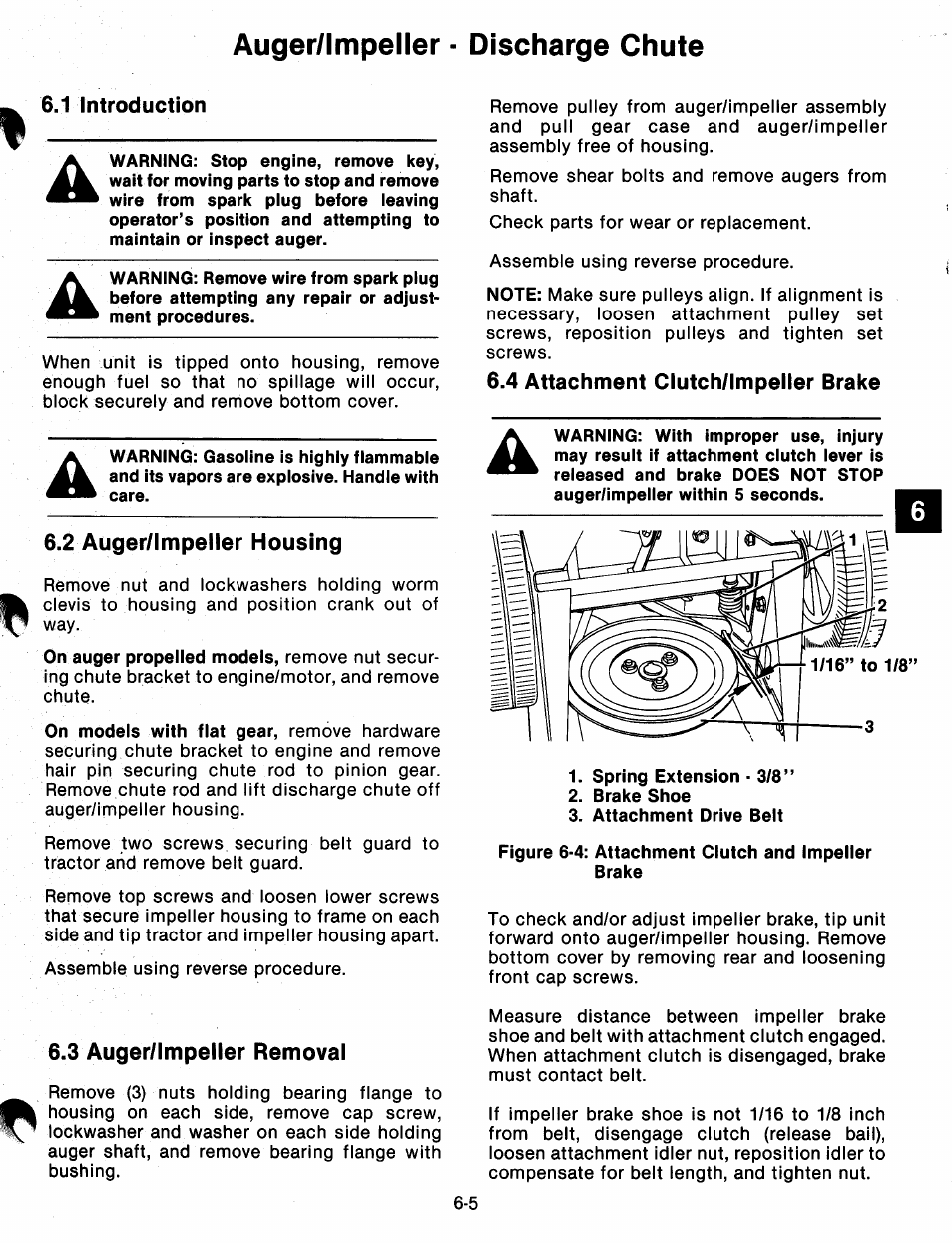 1 introduction, 2 auger/impeller housing, 3 auger/impeller removal | 4 attachment clutch/impeller brake, 1 introduction -4, Auger/impeller housing -5, Auger/impeiler removal -5, Attachment clutch/impeller brake -5, Auger/impeller - discharge chute | Ariens 932 Series User Manual | Page 38 / 61