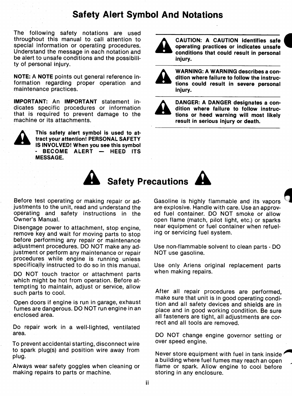 Safety alert symbol and notations, Safety precautions | Ariens 932 Series User Manual | Page 4 / 61