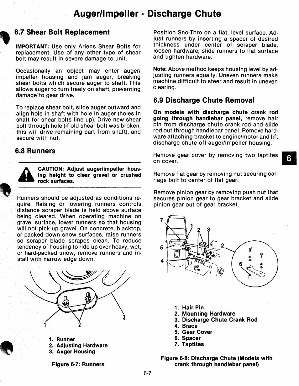 7 shear bolt replacement, 8 runners, 9 discharge chute removal | Shear bolt replacement -7, Runners -7, Discharge chute removai -7, Auger/impeller - discharge chute | Ariens 932 Series User Manual | Page 40 / 61