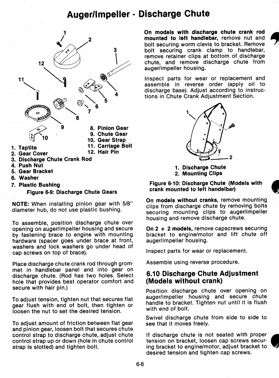 10 discharge chute adjustment (models without, Crank) -8, Auger/impeller - discharge chute | Ariens 932 Series User Manual | Page 41 / 61