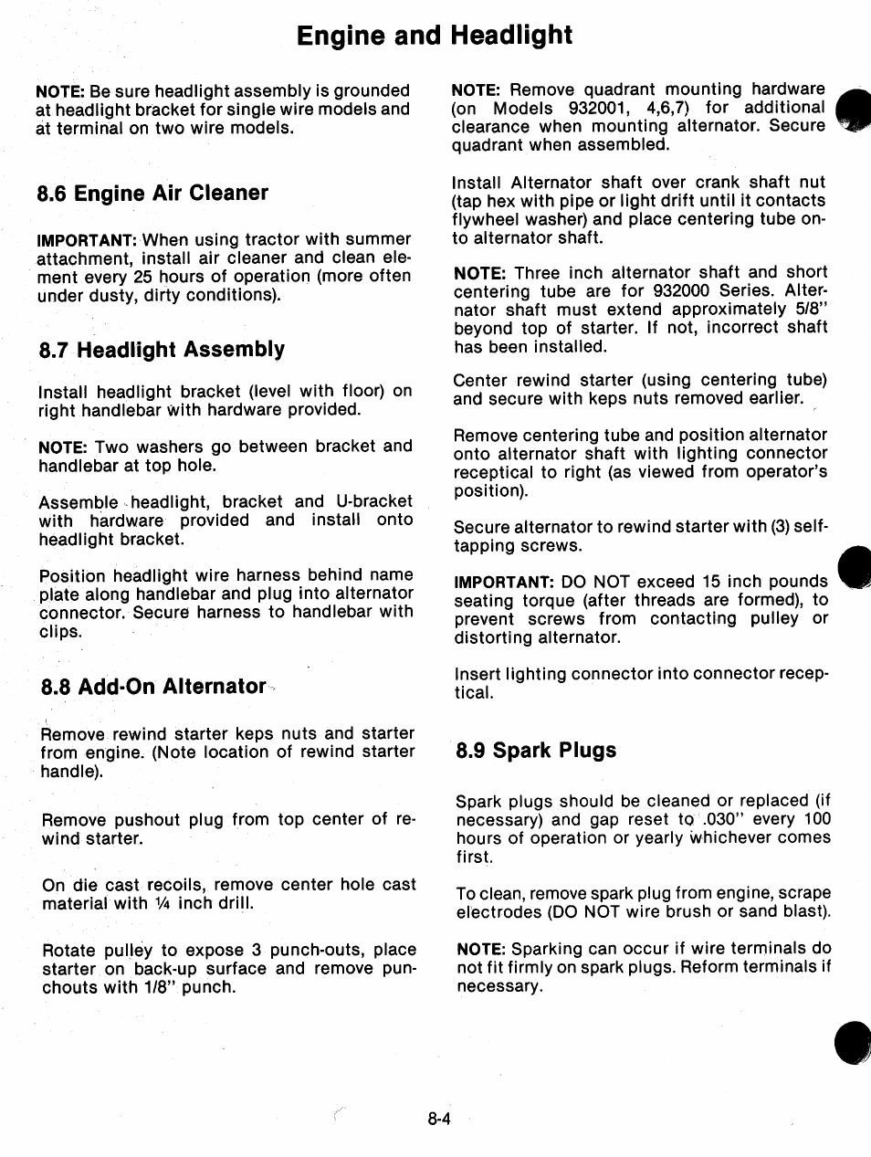 6 engine air cieaner, 7 keadiight assembly, 8 add-on alternator | 9 spark plugs, 6 engine air cleaner -4, 7 headlight assembly -4, 8 add-on alternator -4, 9 sparkplugs -4, Engine and headlight | Ariens 932 Series User Manual | Page 50 / 61